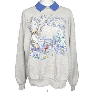 Vintage Cardinal Bird Sweatshirt Collared Gray Made USA Jerzees Large